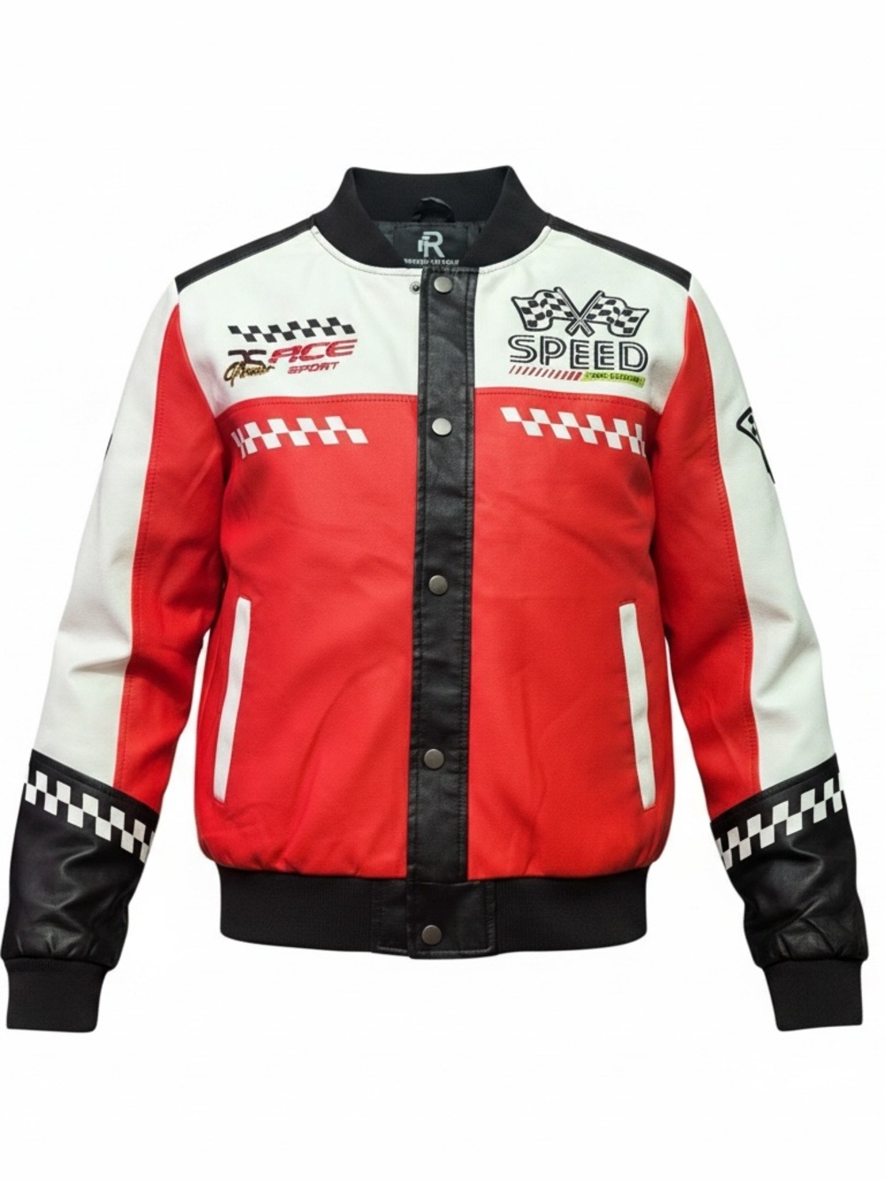 Red and White Racing Bomber Jacket with Checkered Details